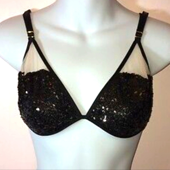 Victoria Secret Bralette  Sheer Black Embellished Sequins Bra Sz Large - Picture 1 of 8
